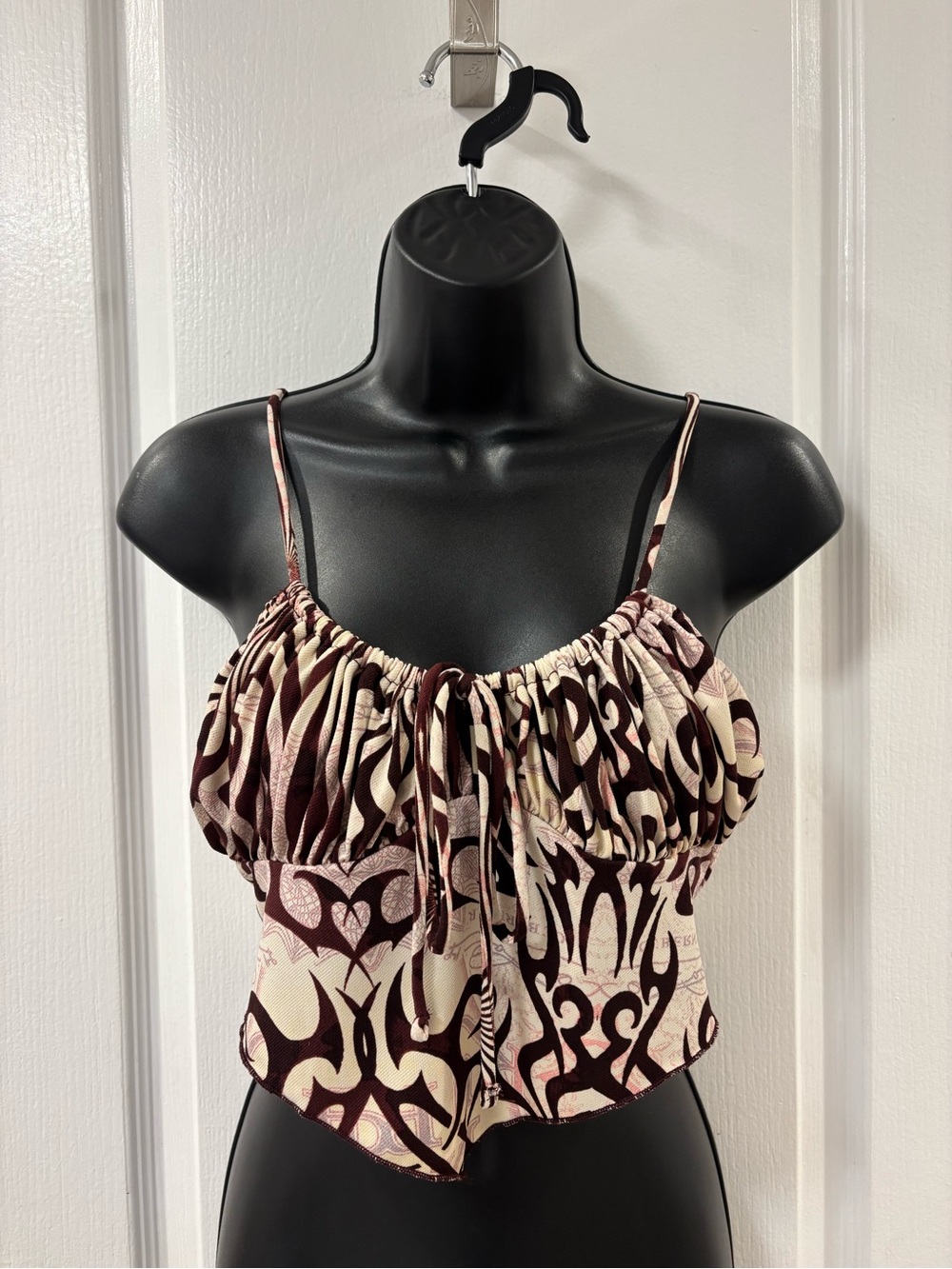 Urban Outfitters Y2K Abstract Print Front Tie Burgundy Spaghetti Strap Top L